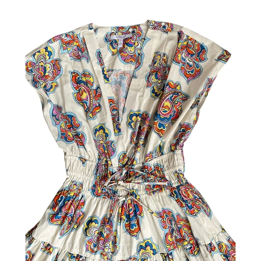 Derek Lam 10 Crosby Tora Ivory‎ Paisley Tiered Smocked Waist Mini Dress Sz 8